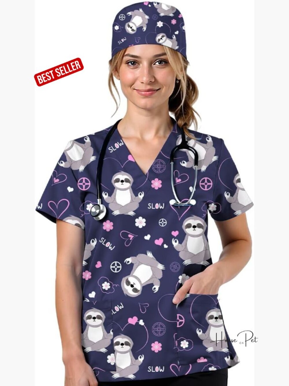 2pcs Women's Scrub Set V Neck Top With Cap Cute Printed Nurse Uniform Pockets